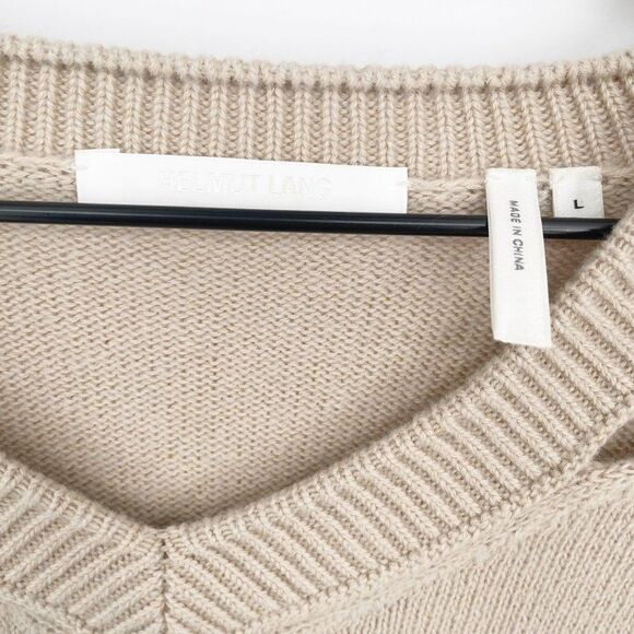 Helmut Lang Distressed V-Neck Sweater Wool Cashmere Raglan Sleeve Tan Women's L - Picture 6 of 7